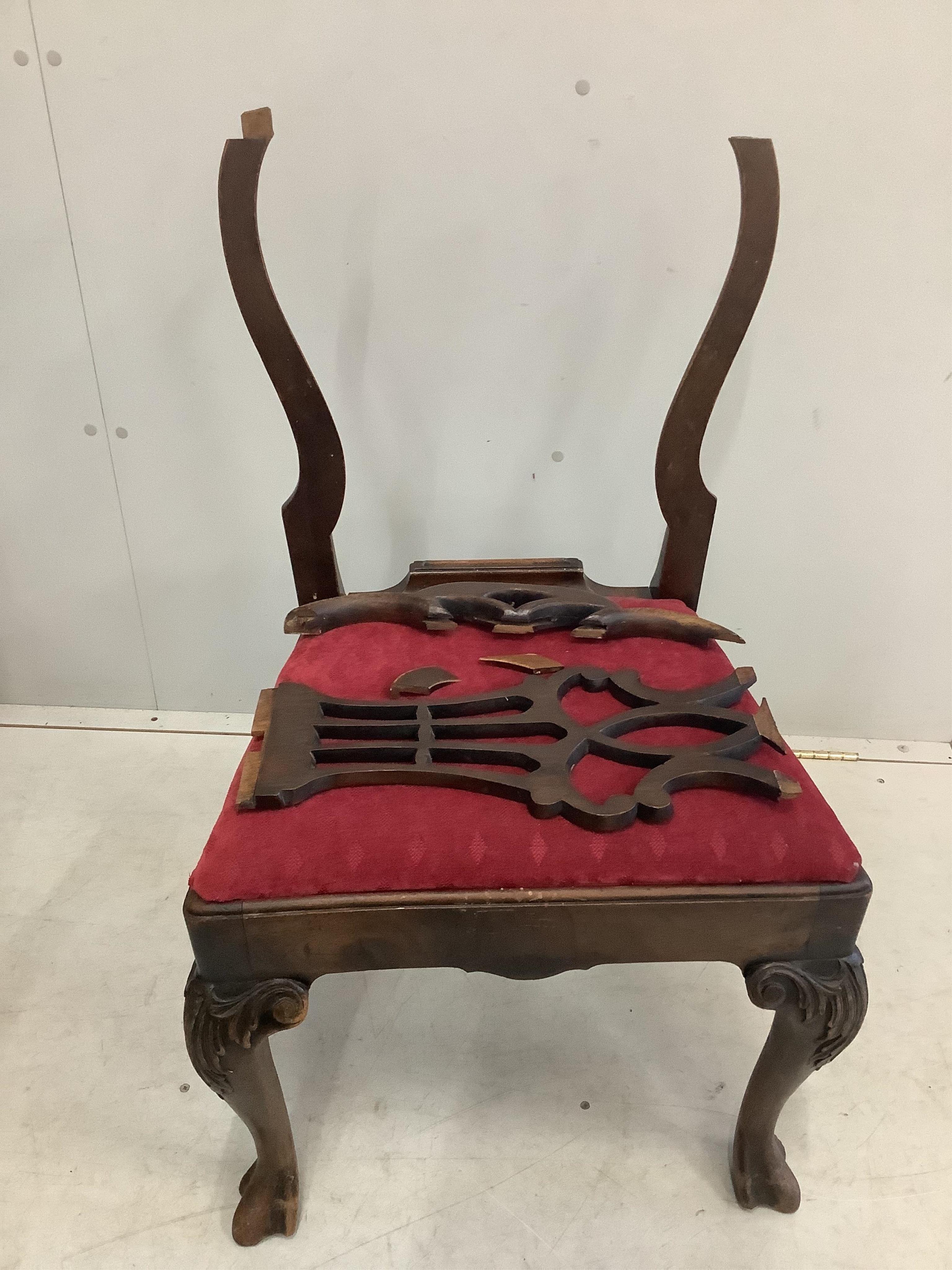 A set of six George II walnut dining chairs. Condition - poor to fair, two requiring extensive restoration